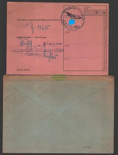 B-14800 DR Deutsches Reich Mühlhausen 19423 Kreissparkasse Postfreistempel