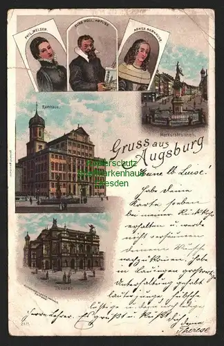 143903 AK Litho Augsburg Theater Rathaus Merkusbrunnen 1897