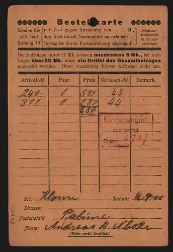 B13013 Postkarte Togo Agome Palime 1911 Bedarf an Lewinsohn Dessau Bestellung