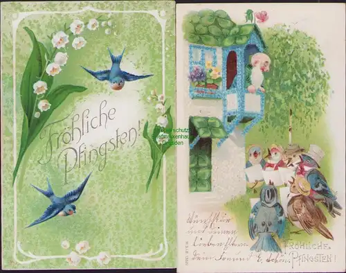 152549 2 AK Berlin Fröhliche Pfingsten 1905 Vögel vermenschlicht Künstlerkarte