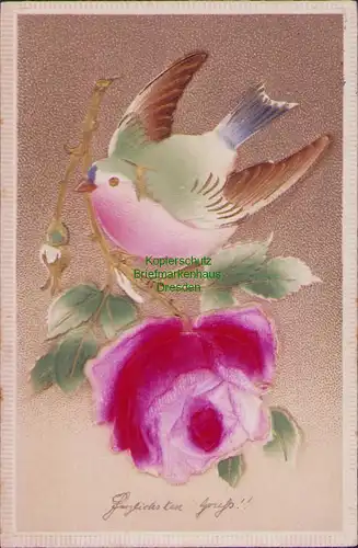 152575 AK Berlin 1909 Grüße Blume Rose Vogel aufwändig plastisch gestaltet