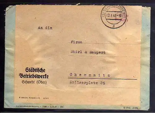 B745 SBZ Brief Gebühr bezahlt 1945 Schwedt Oder 1948 Notumschlag Städtische Betr