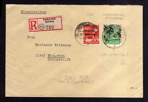 h762 Brief Handstempel Bezirk 20 Schochwitz Eisleben 10.7.48 Einschreiben gepr.