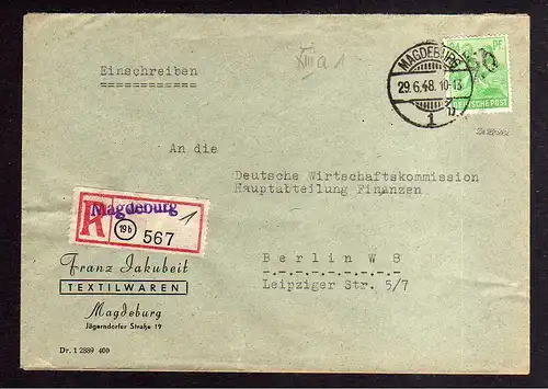 h861 Handstempel Bezirk 20 Magdeburg Type p Einschreiben an Deutsche Wirtschafts