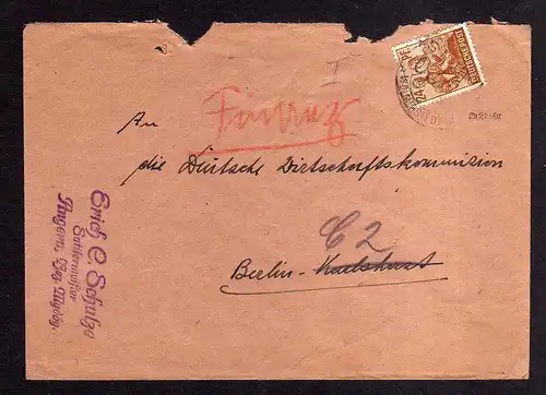 h795 Brief Handstempel Bezirk 20 Wolmirstedt 30.6.48 an Deutsche Wirtschaftskomm