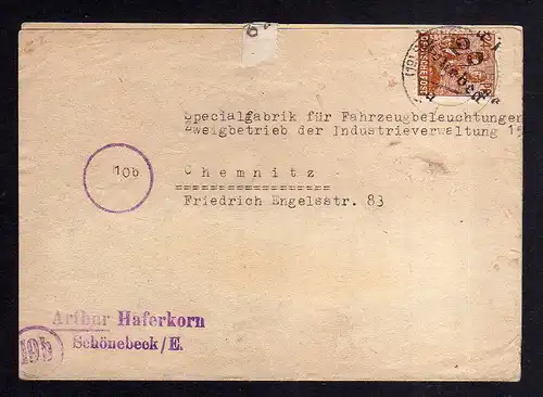 h877 Brief Handstempel Bezirk 29 Schönebeck 1 13.7.48 24 Pfennig a Spezialfabrik