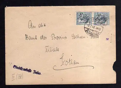 h816 Brief Handstempel Bezirk 20 Ziesar 2.7.48 Stadtsparkasse  nach Köthen