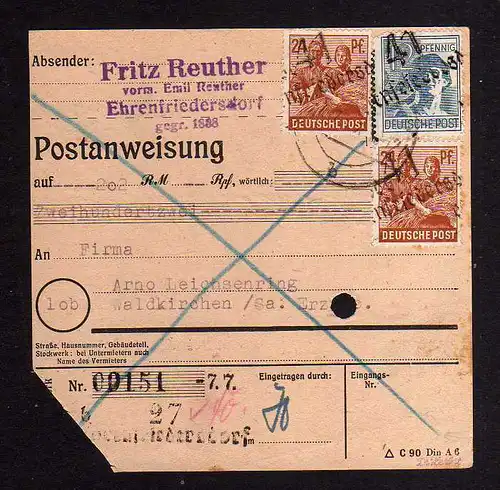 h890 Postanweisung Handstempel Bezirk 41 Ehrenfriedersdorf 7.7.48