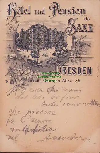 155569 AK Hotel und Pension de SAXE DRESDEN 1896 Johann Georgen Allee 39