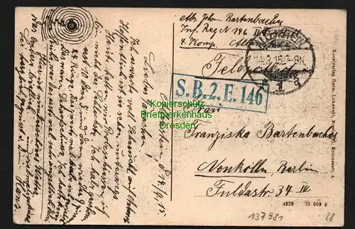 137981 AK Allenstein Olsztyn Ostpreußen 1915 Langsee Kaserne Feldpost SB2E 146