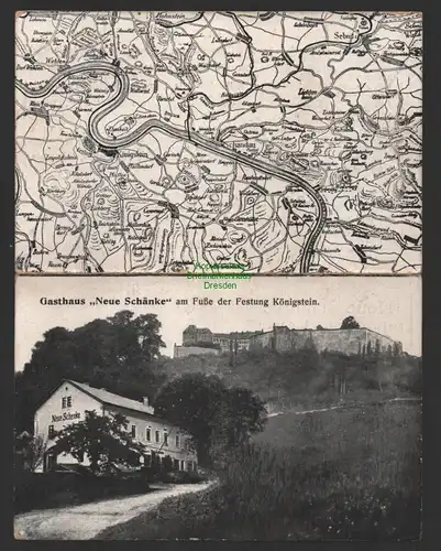 154285 AK Königstein Neue Schänke Festung Königstein Klappkarte mit Landkarte