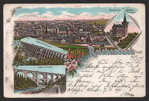 154145 Litho Reichenbach Vogtl. 1898 Restaurant Schöne Aussicht Elstertalbrücke