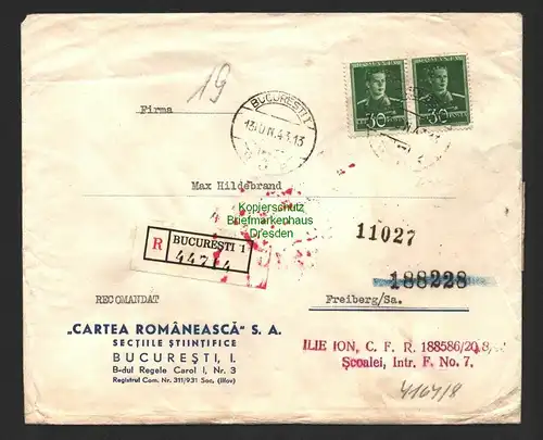 B8797 Brief Einschreiben Perfin Firmenlochung Rumänien Bucuresti 1943 Zensur