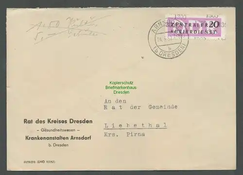 B5189 DDR ZKD B 15 Brief Arnsdorf b. Dresden an Rat der Gemeinde Liebethal 1957