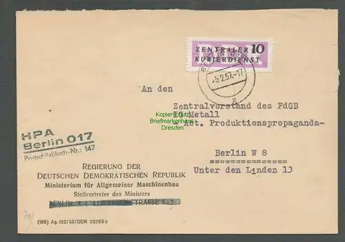 B5124 DDR ZKD B 6 Brief Berlin 1957 Regierung Ministerium für A. Maschinenbau