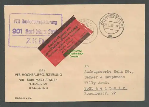 B5248 DDR ZKD Brief 1967 VEB Hochbauprojektierung Karl-Marx-Stadt n. Leipzig Aus