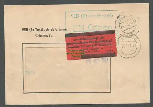 B5246 DDR ZKD Brief 1967 VEB Textilbetrieb Grimma n. Leipzig Aushändigung als ge