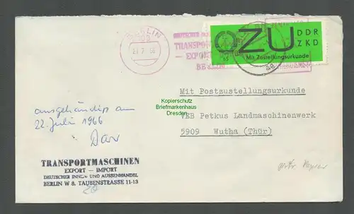 B5155 DDR ZKD ZU 2y Brief Berlin 1966 transportmaschinen Export - Import g. BPP