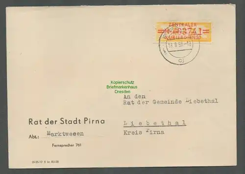 B5192 DDR ZKD B 17 M Brief Pirna 1958 Marktwesen nach Liebethal