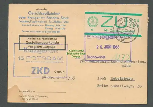 B5277 DDR ZKD ZU 1 Brief Kreisgericht Potsdam Babelsberg Zustellungsurkunde 1965