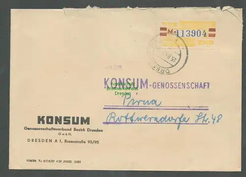 B5205 DDR ZKD B 25 M Brief Konsum Genossenschaftsverband Dresden nach Pirna