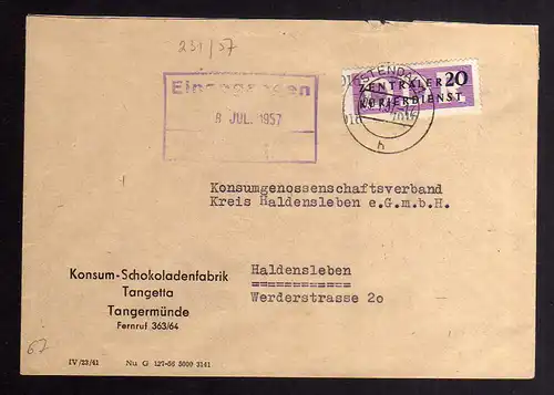 B2481 Brief DDR ZKD 11 7016 1957 Konsum Schokoladenfabrik Tangetta Tangermünde