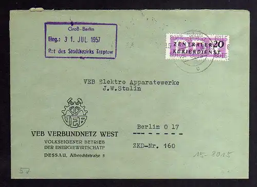 B2526 Brief DDR ZKD 15 8015 1957 VEB Verbundnetz West Dessau nach Berlin O 17