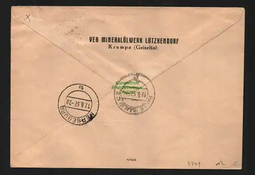 B4749 DDR ZKD B 11 Brief 8010 Merseburg VEB Mineralölwerk Lützkendorf Krumpa