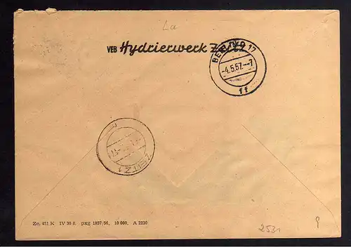 B2531 Brief DDR ZKD 11 8019 violett 1957 VEB Hydrierwerk Zeitz nach Berlin O 17