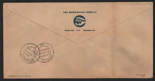 B14159 DDR ZKD Brief 1957 12 1305 Görlitz VEB Waggonbau an nach Oschatz