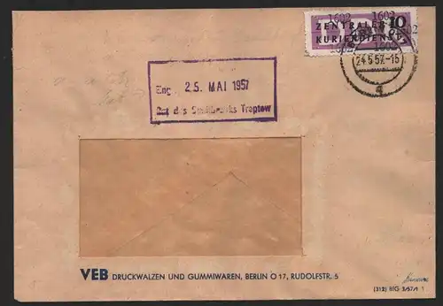 B14283 DDR ZKD Brief 1957 10 1602 Friedrichshain VEB Druckwalzen und Gummiwaren