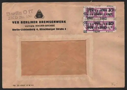 B14286 DDR ZKD Brief 1957 2x14 1602 Friedrichshain VEB Berliner Bremsenwerk vorm