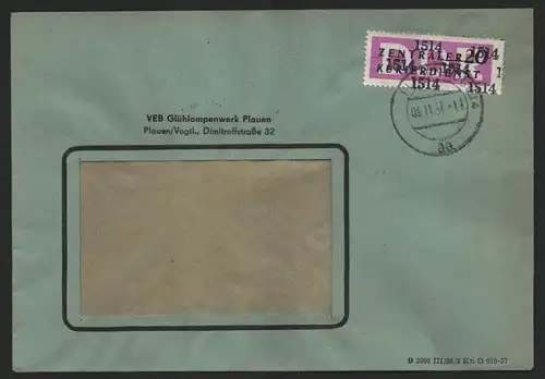 B14241 DDR ZKD Brief 1957 15 1514 Plauen VEB Glühlampenwerk Oberweißbach  an nac