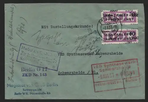 B14275 DDR ZKD Brief 1957 13, 12 1600 Berlin Ministerien ZKD 143 Vertagsgericht