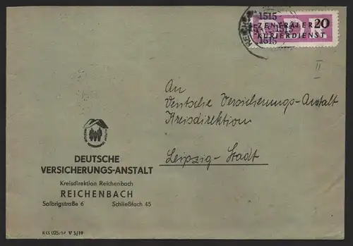 B14244 DDR ZKD Brief 1957 15 1515 Reichenbach Deutsche Versicherungs Anstalt an