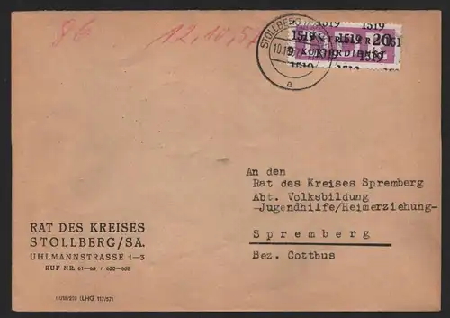 B14249 DDR ZKD Brief 1957 15 1519 Stollberg Rat des Kreises  an Jugendhilfe Heim