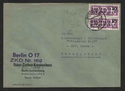 B14291 DDR ZKD Brief 1957 2x10 1604 Lichtenberg Oskar Ziethen Krankenhaus ZKD 16