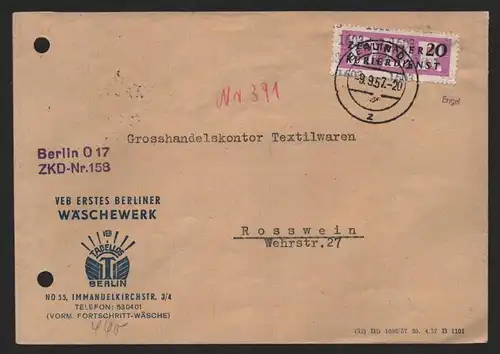 B14290 DDR ZKD Brief 1957 15 1603 Prenzlauer Berg VEB Tadellos Erstes Berliner W