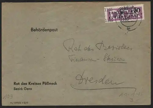B14099 DDR ZKD Brief 1957 11 1105 Pößneck Rat des Kreises  an nach Dresden