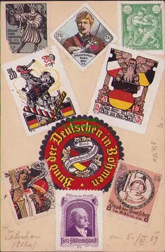 155758 Postkarte Tetschen m. 10 Vignetten Bahnpoststempel Dresden Bodenbach 1909