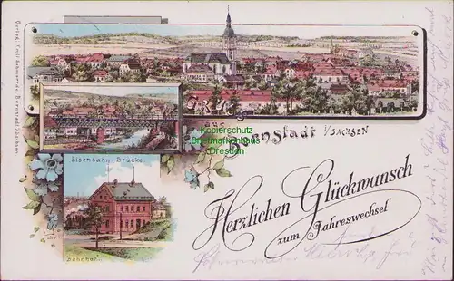 155843 AK Bernstadt Sachs 1895 Litho Vorläufer Bahnhof Eisenbahn Brücke Panorama