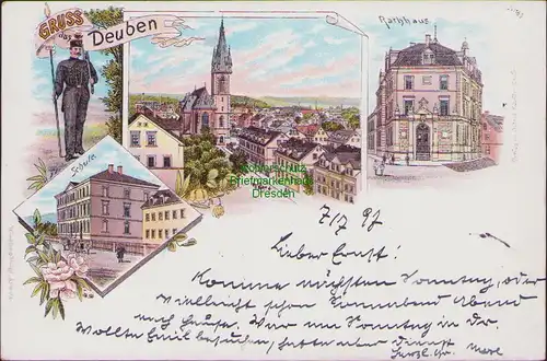 155837 AK Litho Gruss aus Deuben Schule Kirche Rathaus 1897