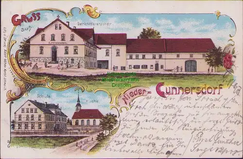 155915 AK Niedercunnersdorf 1901 Litho Gerichtskretscham Gasthaus Schule Kirche