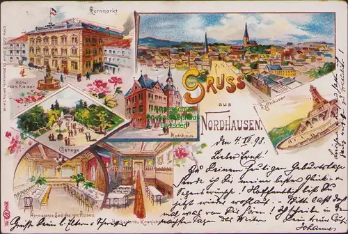 155884 AK Nordhausen 1898 Litho Kornmarkt Rathaus Hackerbräu Kranichstrasse