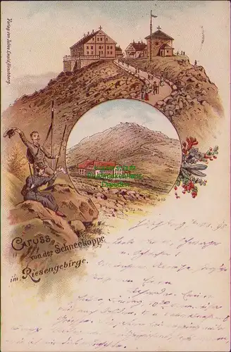 155898 AK Riesengebirge Schneekoppe 1898 Litho Wanderer