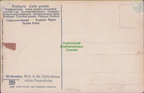 155757 AK Alt Dresden Blick in die Töpfergasse Frauenkirche um 1915