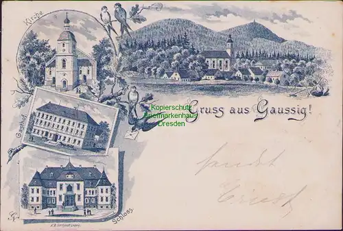 155775 AK Federlitho Gaussig um 1900 Kirche Gasthof Schloss