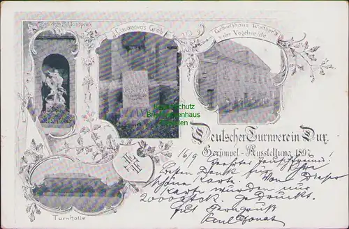 155821 AK Deutscher Turnverein Dux Gerümpel Ausstellung 1897 Turnhalle Geburtsha