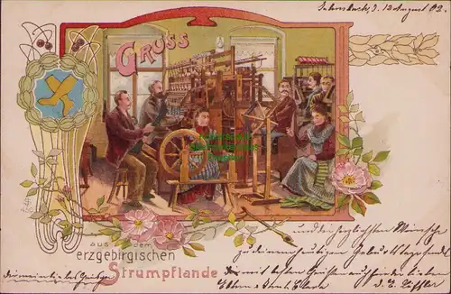 155889 AK Thum 1902 schöne Jugendstil Karte Erzgebirgisches Strumpfland Webstuhl