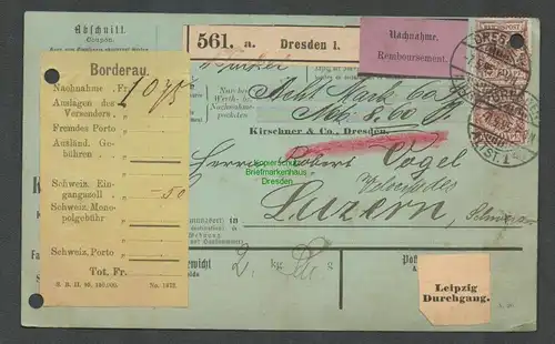 B-5463 Deutsches Reich Nachnahme Paketkarte 1895 2x 50d MeF Dresden nach Luzern